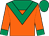 Orange, emerald green yoke, emerald green chevron, orange sleeves, emerald green cuffs and cap