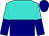 turquoise and navy halved horizontally, halved sleeves, navy cap