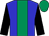 blue, emerald green stripe, black sleeves, emerald green cap