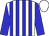 white, blue stripes, blue sleeves, white cap