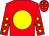 Red body, yellow disc, red arms, yellow stars, red cap, yellow stars