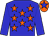 Big-blue body, orange stars, big-blue arms, orange cap, big-blue star