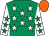 Emerald green, white stars, white sleeves, emerald green stars, orange cap