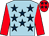 Light blue, dark blue stars, red sleeves, red cap, dark blue stars