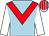 Light blue, red chevron, white sleeves, light blue & red striped cap