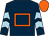 Dark blue, orange hollow box, dark blue and light blue chevrons on sleeves, orange cap