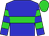 Blue, lime green hoop, lime green hoops on sleeves, lime green cap