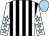 White and black stripes, white sleeves, light blue stars and cap