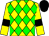 Yellow body, green diamonds, yellow arms, black armlets, black cap