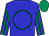 blue, emerald green circle, striped sleeves, emerald green cap