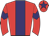 Red body, purple stripe, red arms, purple chevron, red cap, purple star