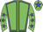 Green body, blue seams, green arms, blue stars, green cap, blue star