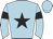 Light blue body, black star, light blue arms, black armlets, light blue cap