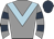 Grey body, light blue chevron, grey arms, dark blue hooped, dark blue cap