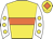 Yellow body, orange hoop, white arms, yellow spots, yellow cap, orange diamond