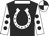 Black, white horseshoe, white collar, white sleeves, black spots, quartered cap
