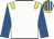 White, yellow epaulettes, royal blue sleeves, yellow & royal blue striped cap