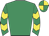 Emerald green, yellow chevrons on sleeves, quartered cap