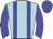 light blue, blue braces, blue sleeves, blue cap