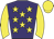 purple, yellow stars, yellow sleeves and cap