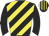 black, yellow diagonal stripes, black sleeves, black cap, yellow stripes