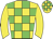 yellow, green checks, yellow sleeves, green checks on cap