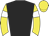 Black body, yellow arms, white armlets, yellow cap