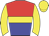 Red and blue halved horizontally, yellow hoop, yellow sleeves, yellow cap