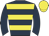 dark blue, yellow hoops, dark blue sleeves, yellow cap