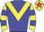 Blue body, yellow chevron, yellow arms, blue hooped, yellow cap, red star