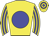 Yellow body, blue disc, yellow arms, blue striped, yellow cap, blue hooped
