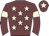 Garnet body, beige stars, garnet arms, beige armlets, garnet cap, beige star