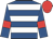 Royal blue, white hoops, royal blue sleeves, red armlets, red cap