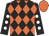 Black and orange diamonds, black sleeves, white spots, orange cap