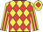 Yellow and red diamonds, striped sleeves, yellow cap, red diamond