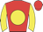 Red body, yellow disc, yellow arms, red cap