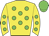 Yellow body, green spots, yellow arms, green spots, green cap