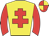 Yellow body, red cross of lorraine, red arms, red cap, yellow quartered