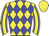 Yellow body, blue diamonds, yellow arms, blue seams, yellow cap