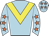 Light Blue, Yellow chevron, Light Blue sleeves, orange stars, Light Blue cap, orange stars