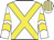 White, yellow cross belts, chevrons on sleeves, striped cap
