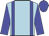 light blue, blue braces, blue sleeves, blue cap