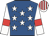 Royal blue, white stars, white sleeves, red armlets, white and red striped cap