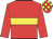 red, yellow hoop, red sleeves, red and yellow checked cap
