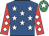 Royal blue, white stars, red sleeves, white diamonds, emerald green cap, white star