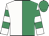 Emerald green & white halved, white & emerald green hooped sleeves, emerald green cap