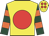 Yellow, red disc, dark green & orange hooped sleeves, yellow cap, red spots