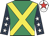 Emerald green, yellow cross sashes, dark blue sleeves, white stars, white cap, red star