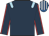 Dark blue, light blue epaulettes, dark blue sleeves, red seams, royal blue & white striped cap