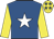 Royal blue, white star, yellow sleeves, yellow cap, royal blue stars